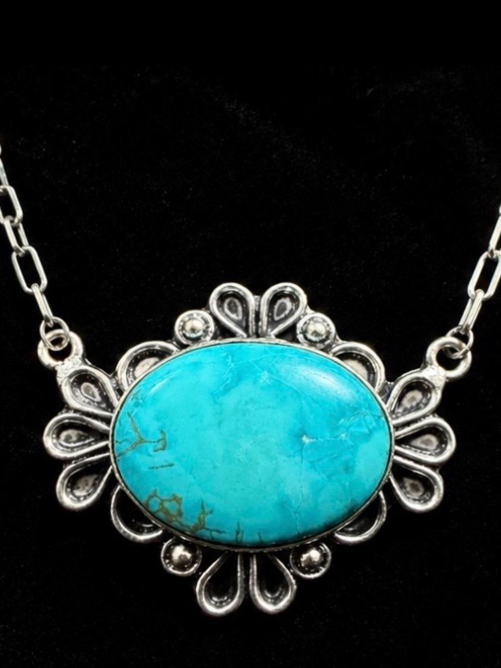 Genuine Turquoise Stone Silver Plated Statement Necklace 18” New